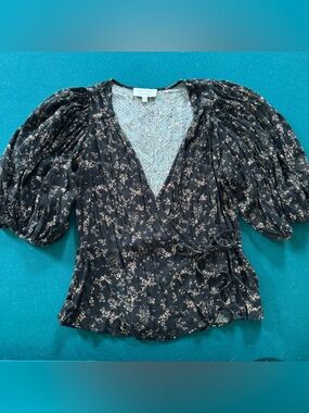 & Other Stories Black & Cream Floral Puff-Sleeve Wrap Style Top Size 6 Boho Chic